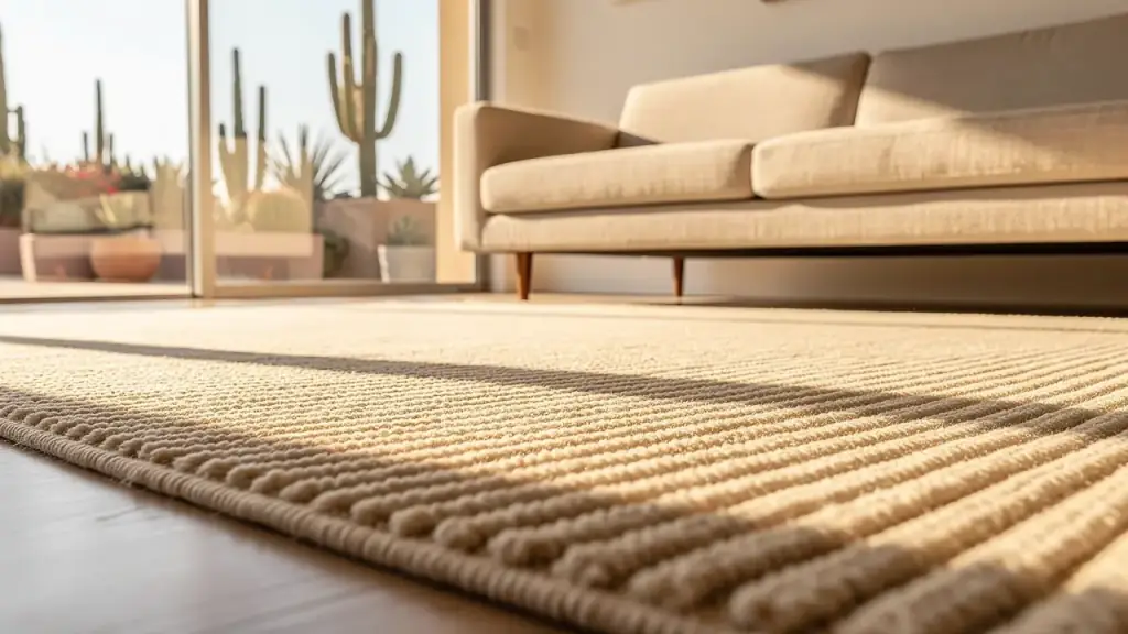 A cream area rug with freshly groomed pile beside a clean upholstered sofa in warm afternoon light
