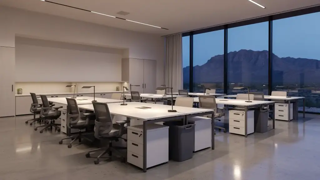 An open-plan desert office at dusk after the evening clean, desks clear and the concrete floor gleaming
