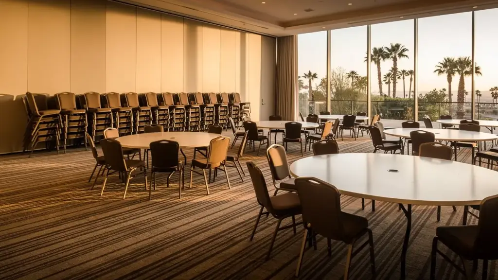 A resort ballroom reset after an event, tables cleared and chairs stacked along the wall
