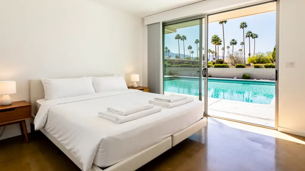 A vacation rental bedroom made up for the next guests, folded towels on the bed and the pool beyond the glass door